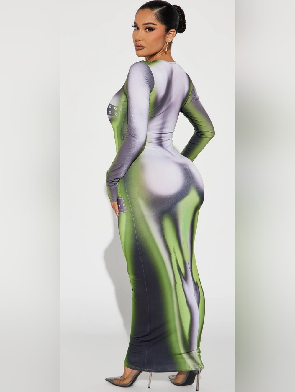 Fashion Nova Silver and Green Metallic Illusion Long Sleeve Maxi Dress 🔥 - Picture 4 of 6
